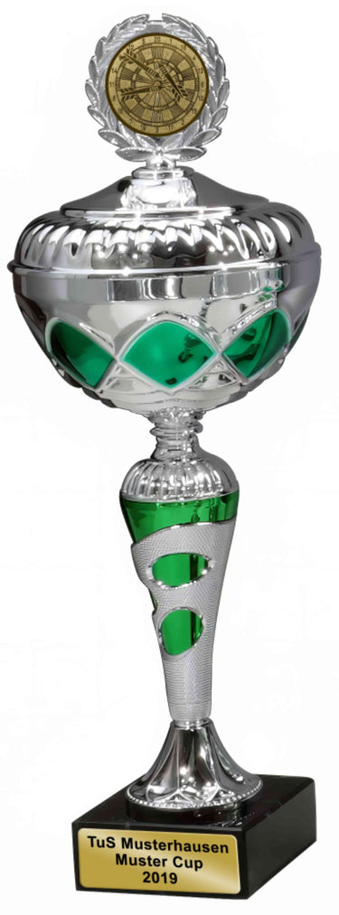 Eine silber-grüne Trophäe mit einem goldenen Medaillon an der Spitze, die als Auszeichnung für den „TuS Musterhausen Muster Cup 2019“ verliehen wird, trägt den Namen Pokale Remscheid 6-er Pokalserie 317 mm – 390 mm PK759740-6-E50.